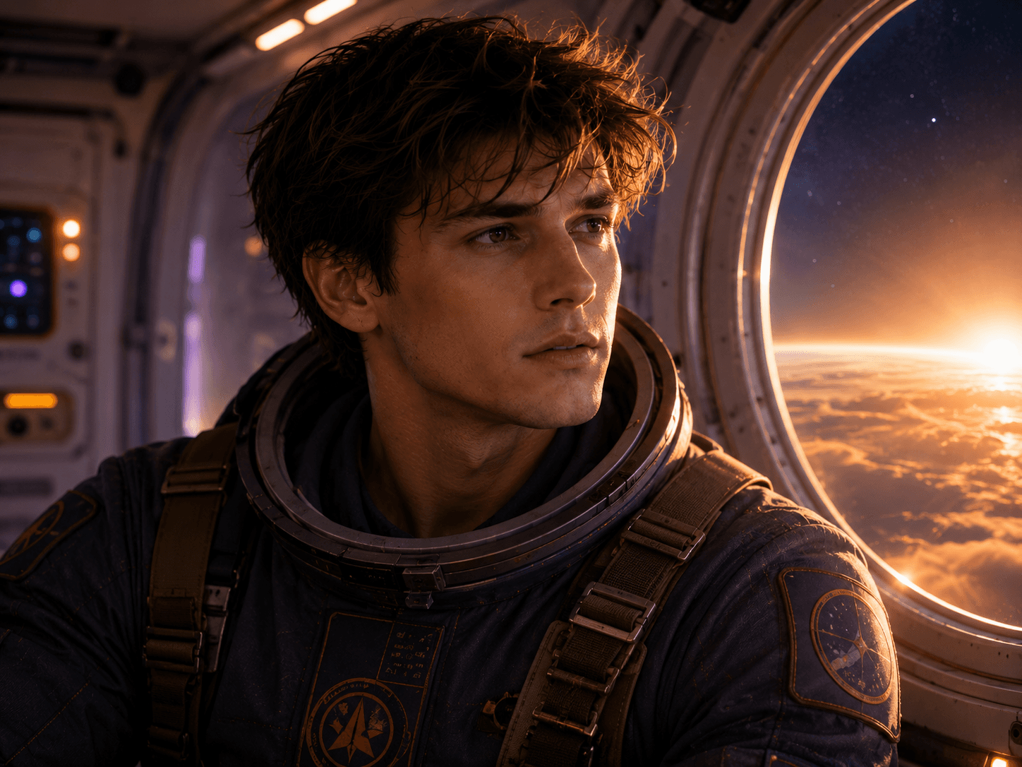 Rick looking toward a sunrise from a spacecraft